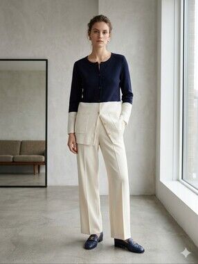Colorblock Navy and Cream Button-Front Women's Cardigan